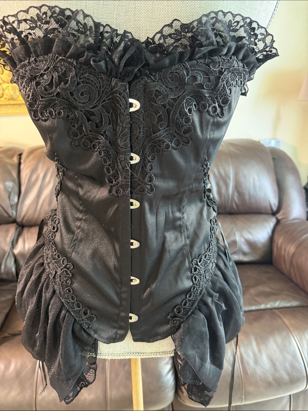 Black Lace Corset Chemise with Ruffle Trim